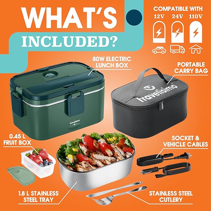TRAVELISIMO Extra-Large Electric Lunch Box For Adults Holds up to 8 Cups - 80W Heated Lunch Box 1.8L Electric Food Warmers for Travel & Work, Portable Food Warmer - Loncheras Para Hombres De Trabajo