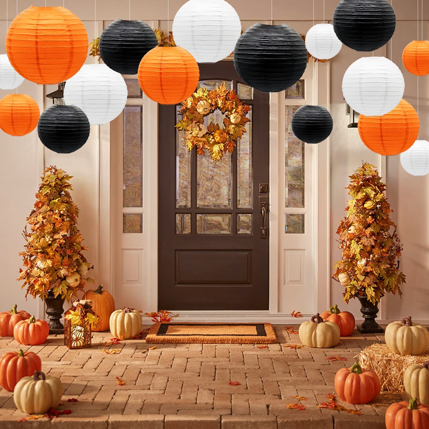 ADLKGG Paper Lanterns 21pcs, Round Hanging Decorations for Graduation, Halloween, Thanksgiving, Birthday, Orange Black White