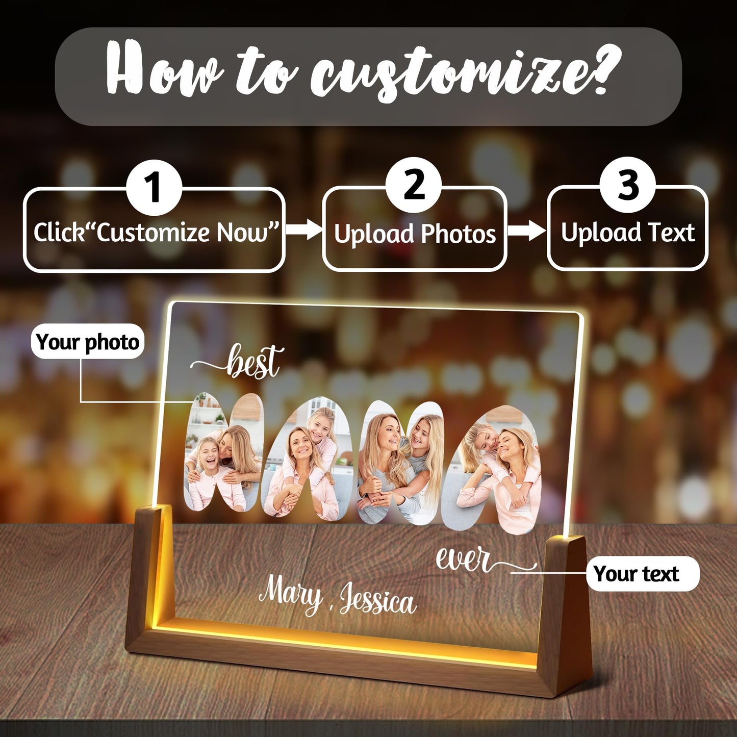 Maiwell Personalized Mothers Day Birthday Gifts For Grandma From Granddaughter Grandson Grandkids  Customized Light Up Photo Frame With Picture Name  Custom Best Nana Ever Christmas Gifts For Women