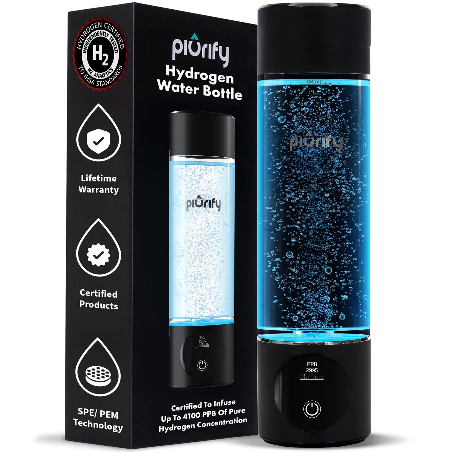 Hydrogen Water Bottle Generator - Up to 4100+ PPB - SPE/PEM Technology - Certified H2 Generator - Portable Athletic Performance & Hydration System - 6-Hour Hydrogen Retention, 10 oz (Black)