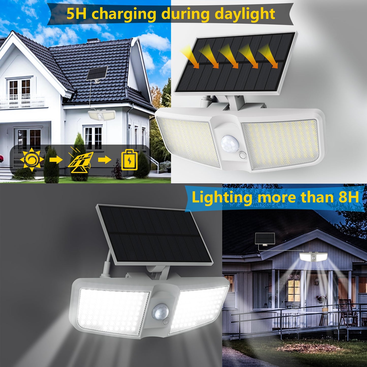 Cozeet Solar Motion Sensor Floodlights 6500K, 180 LED, Waterproof, 4-PCS, White, Model COZEET-LB-WHITE-4PCS