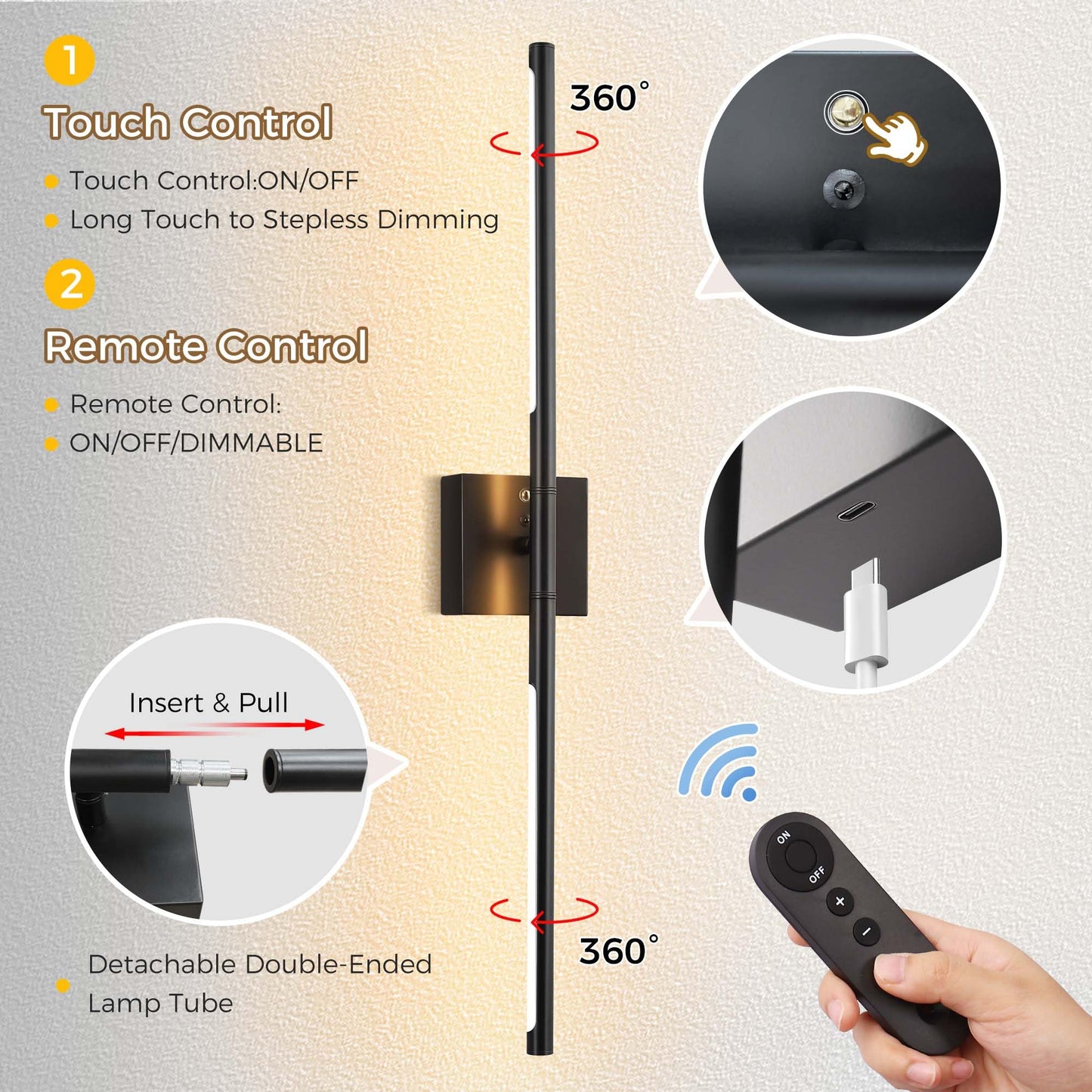 DORESshop Battery Operated Wall Sconces Set of 2, Dimmable, Black, 29 Inch, Metal, Wireless Rechargeable Lights for Bedroom, Living Room