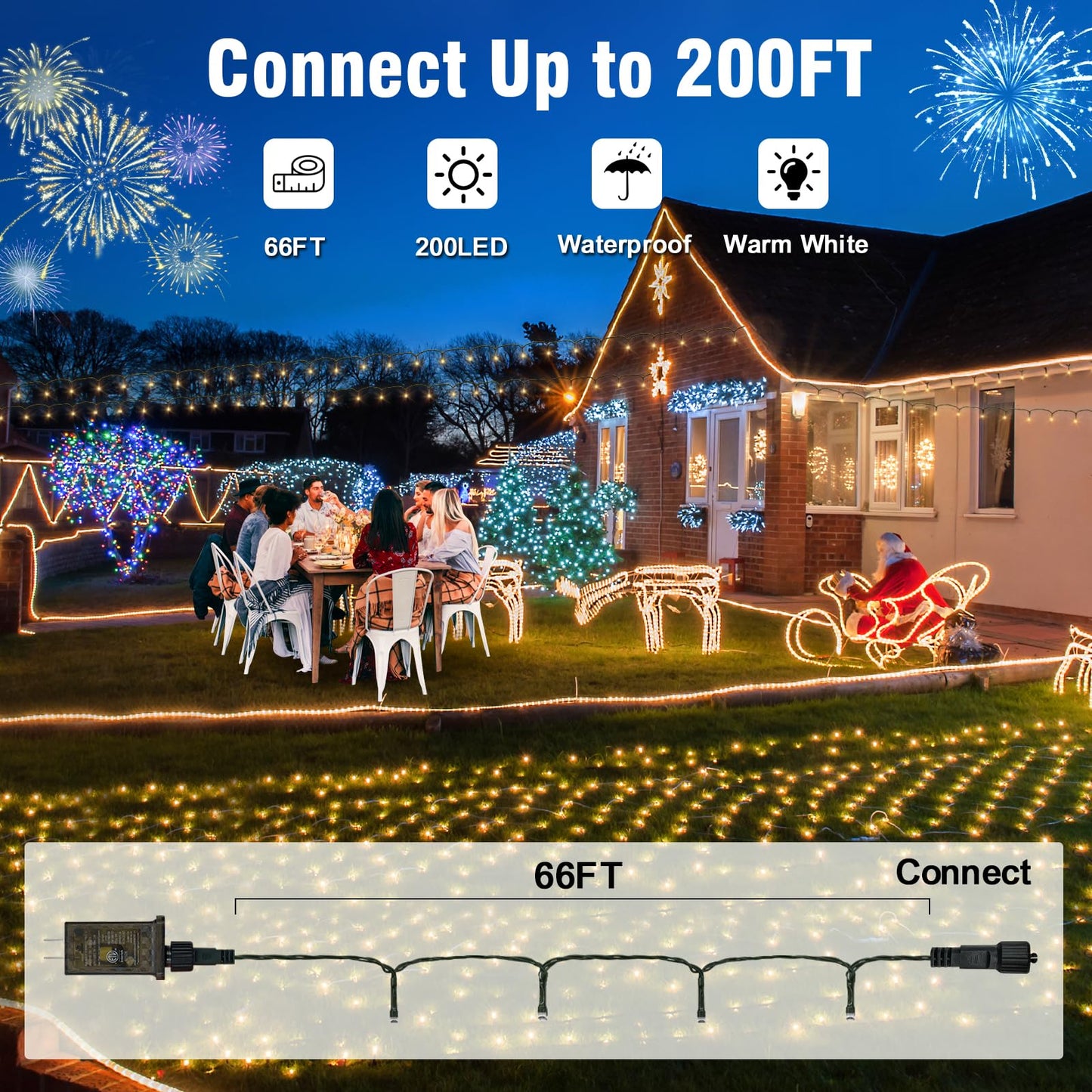 Nisocy 200 Led Christmas Connectable String Lights Outdoor Waterproof - Warm White Fairy Lights With Plug  Tree Lights For Patio  Garden  Bedroom  Wedding  Party  Decor (66Ft)