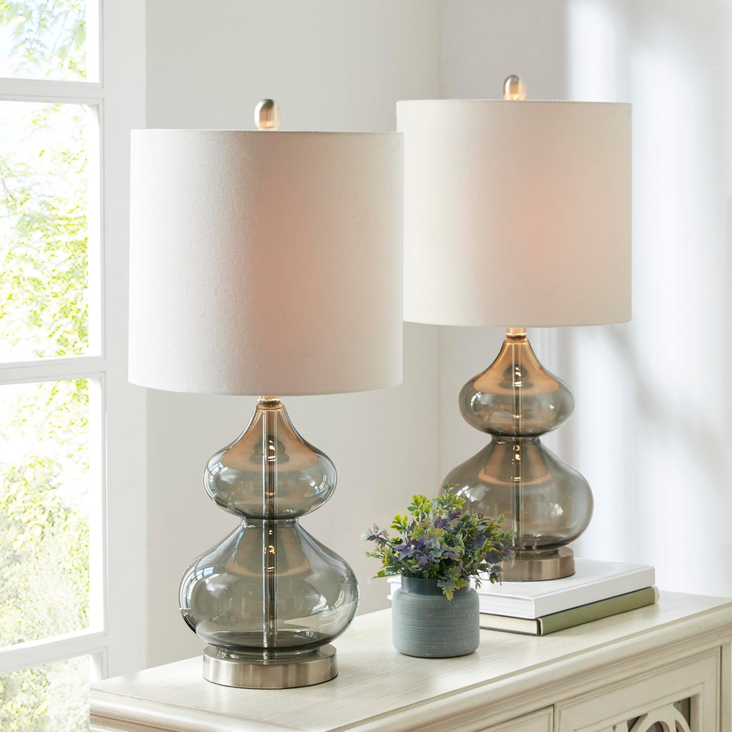 510 DESIGN Table Lamp Set of 2 - Curved Tinted Glass, Gold Base, 25.25inH, Modern Nightstand Lamp, Model 5DS153-0014