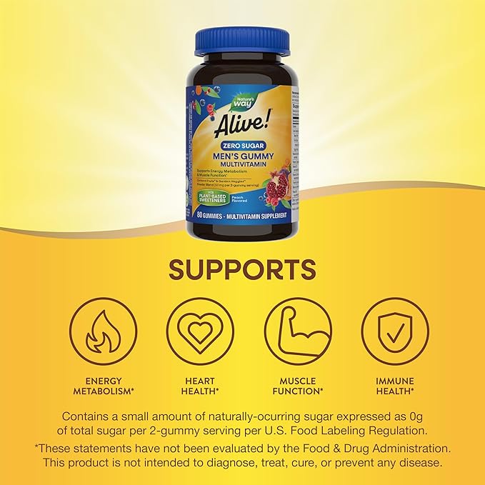 Nature’s Way Alive! Zero Sugar Men's Gummy Multivitamin, Energy Metabolism*, Muscle Function*, B-Vitamins, No Sugar Alcohols, Plant-Based Sweeteners, Peach Flavored, 80 Gummies