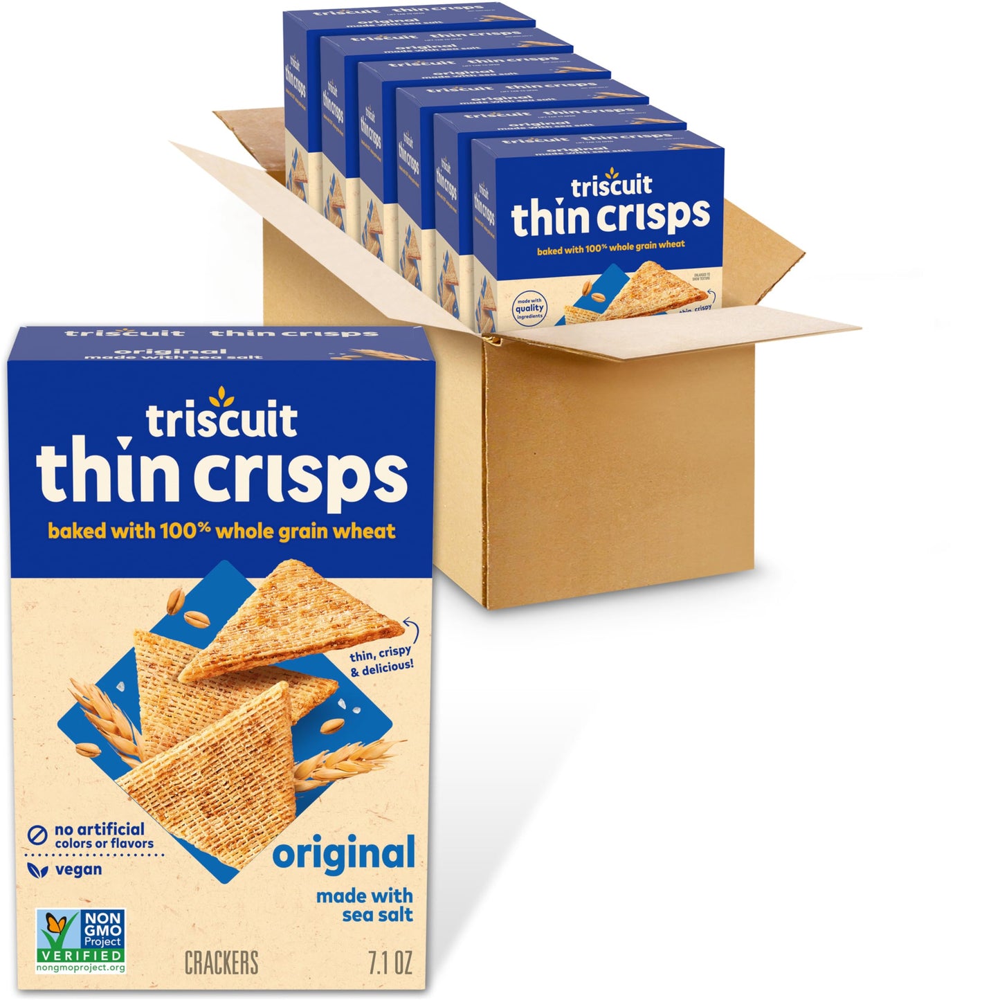 Triscuit Thin Crisps Original Whole Grain Wheat Crackers, Vegan Snacks, Bulk Snack Crackers, 6 - 7.1 oz Boxes