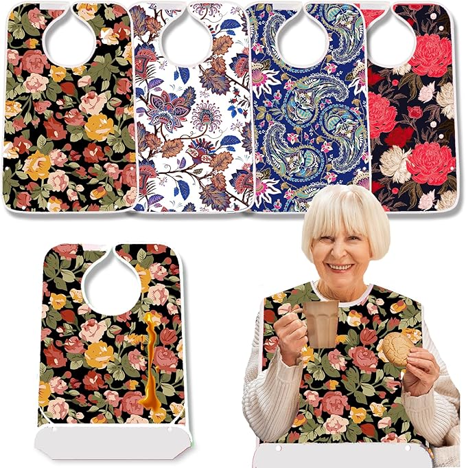 4 Pack Terry Cloth Adult Bibs with Crumb Catcher, Washable Adjustable Adult Bibs for Unisex Men Women Elderly Seniors