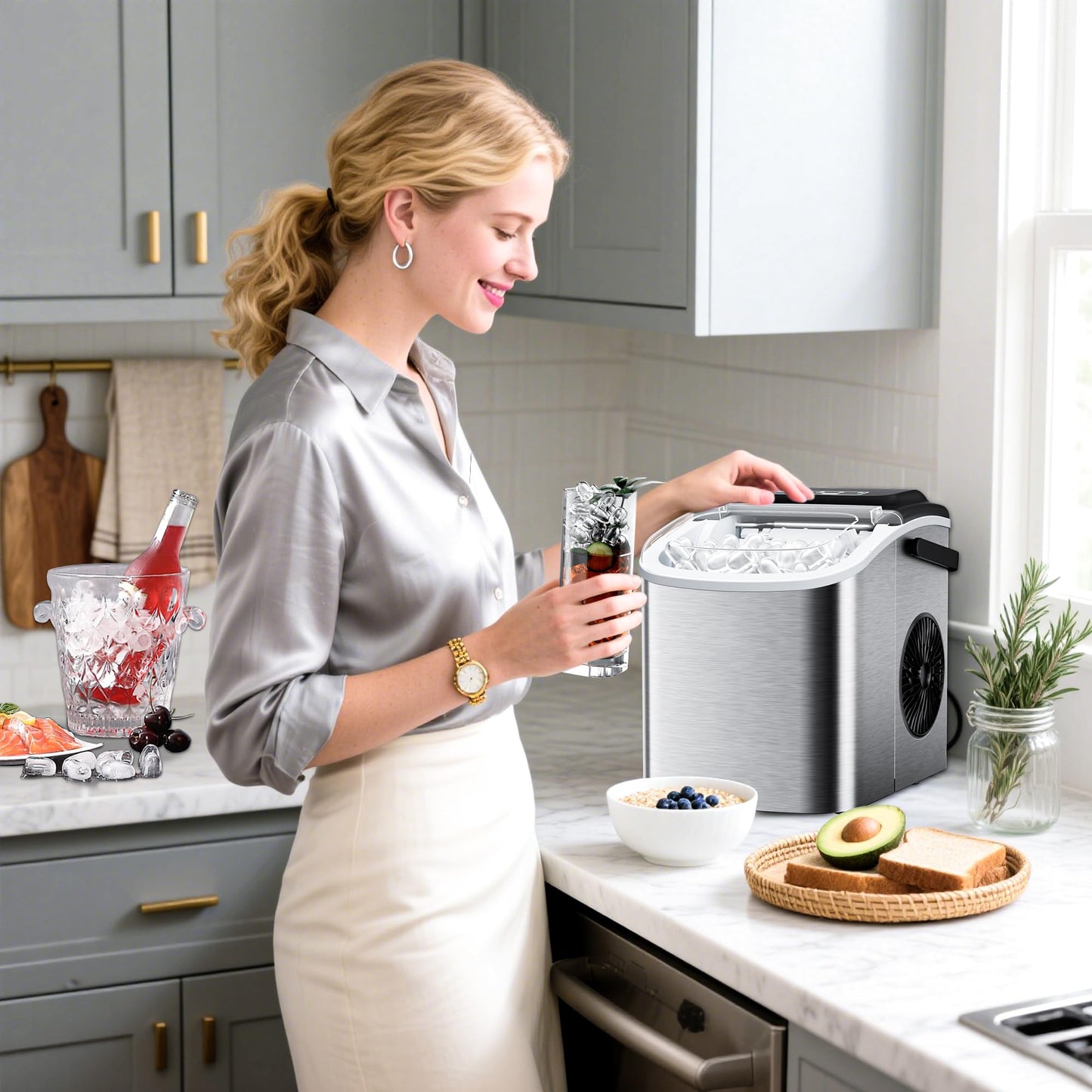 Countertop Ice Maker 26lbs/24H Portable Ice Machine with 2 Sizes of Ice Cubes, 9 Ice Cubes in 8 Mins, Stainless Steel Design Ice Scoop & Basket Included Self-Cleaning for Home, Kitchen, Bar, RV