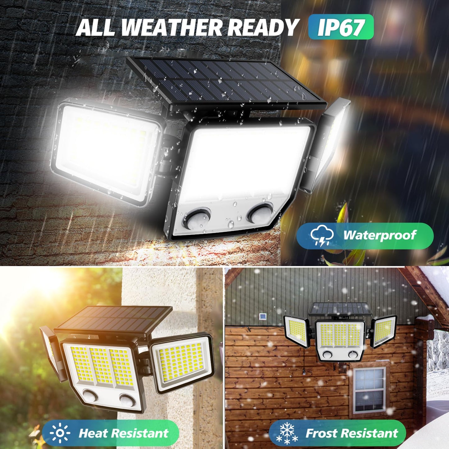 Amiluo Solar Outdoor Lights, 6500K, 3000LM, 3 Heads, IP67 Waterproof, 2 Pack, White, Model AXWSWL04-003