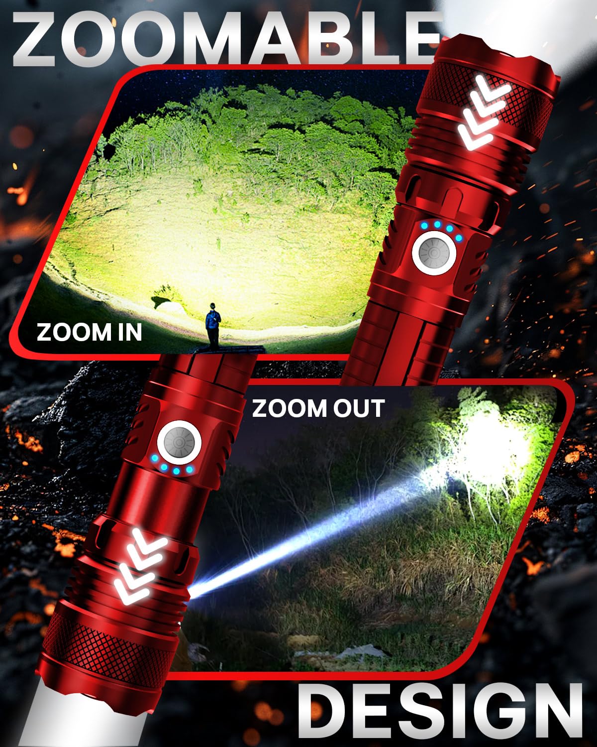 Victoper Red LED Tactical Flashlight, Rechargeable, 5 Modes, Zoomable, Waterproof, P50 1 Pack