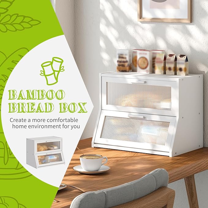 BMOSU Large Bread Box Double Layer Bamboo Bread Box for Kitchen Counter Container Farmhouse Bread Holder Capacity Bread Storage Bin(White)