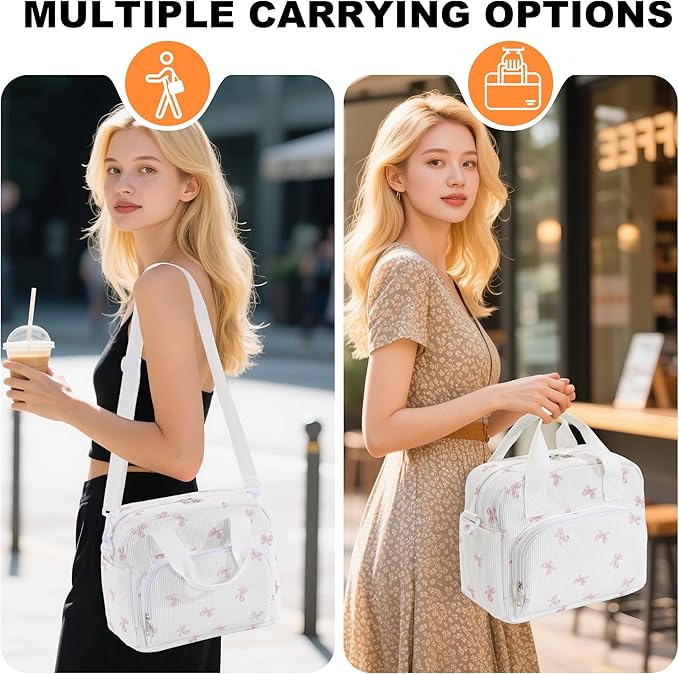 Large Lunch Bag for Women Insulated Lunch Box Reusable Cooler Bag Portable Cute Corduroy Leakproof Tote Bags for Travel, Work, and Picnic, Pink Bow