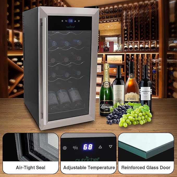 Nutrichef 15 Bottle Wine Fridge Red and White Wine Chiller Adjustable Temp Control 41°F to 64°F Ultra Quiet Operation Mini Wine Cooler Built for Home, Office, Kitchen Counter, 27x13x17 IN