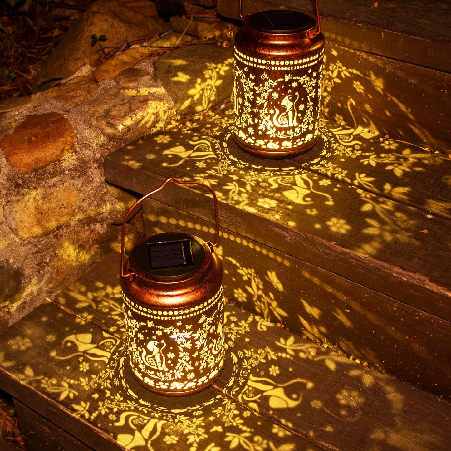 YISITEONE Solar Lanterns 2 Pack, Waterproof Metal Hanging Lights for Garden, Brown, Model ES04250400008