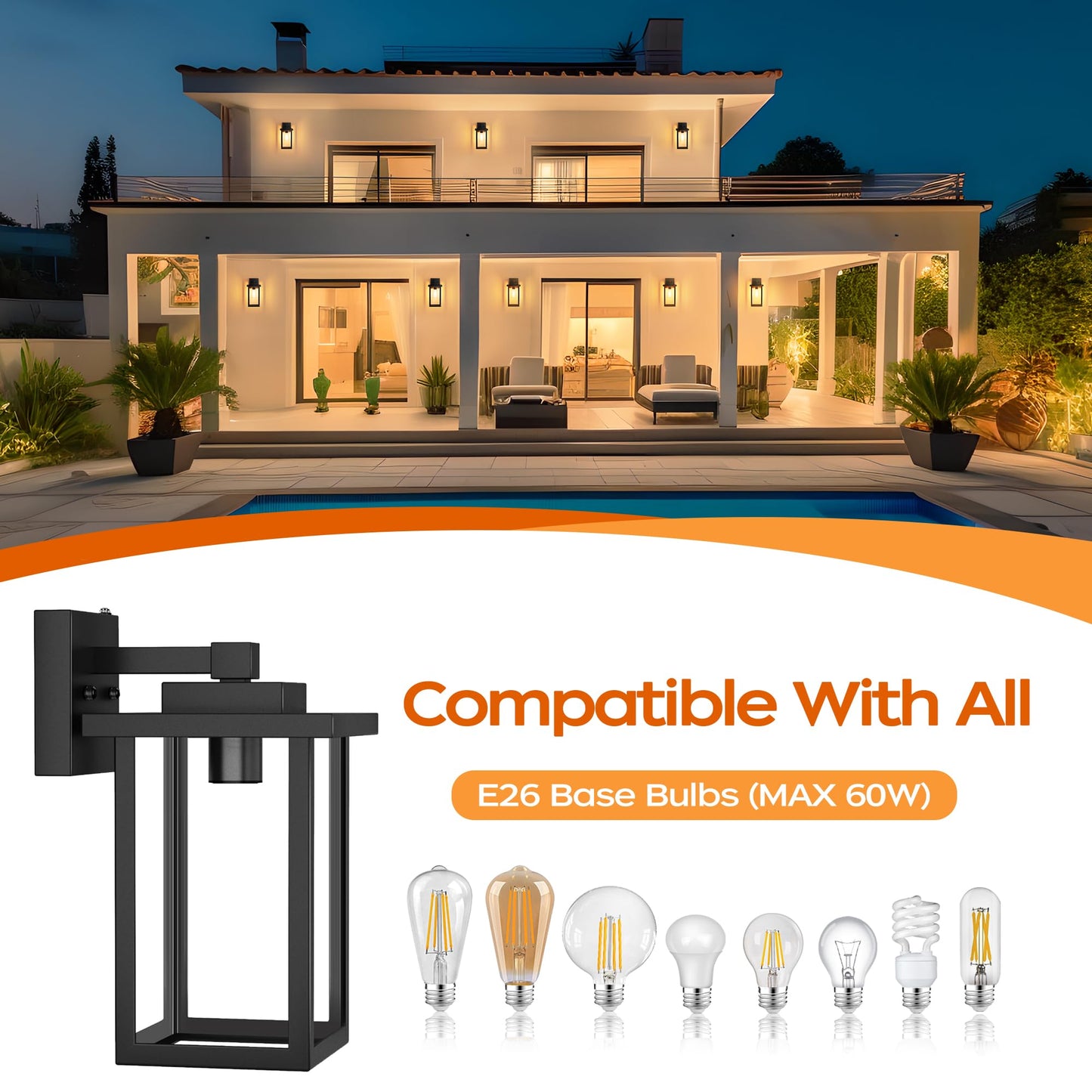 Wihtu Outdoor Wall Mount Lights, Dusk To Dawn Sensor, Waterproof Metal Sconce, 2 Pack, Black, Model Wtwl160Ab2