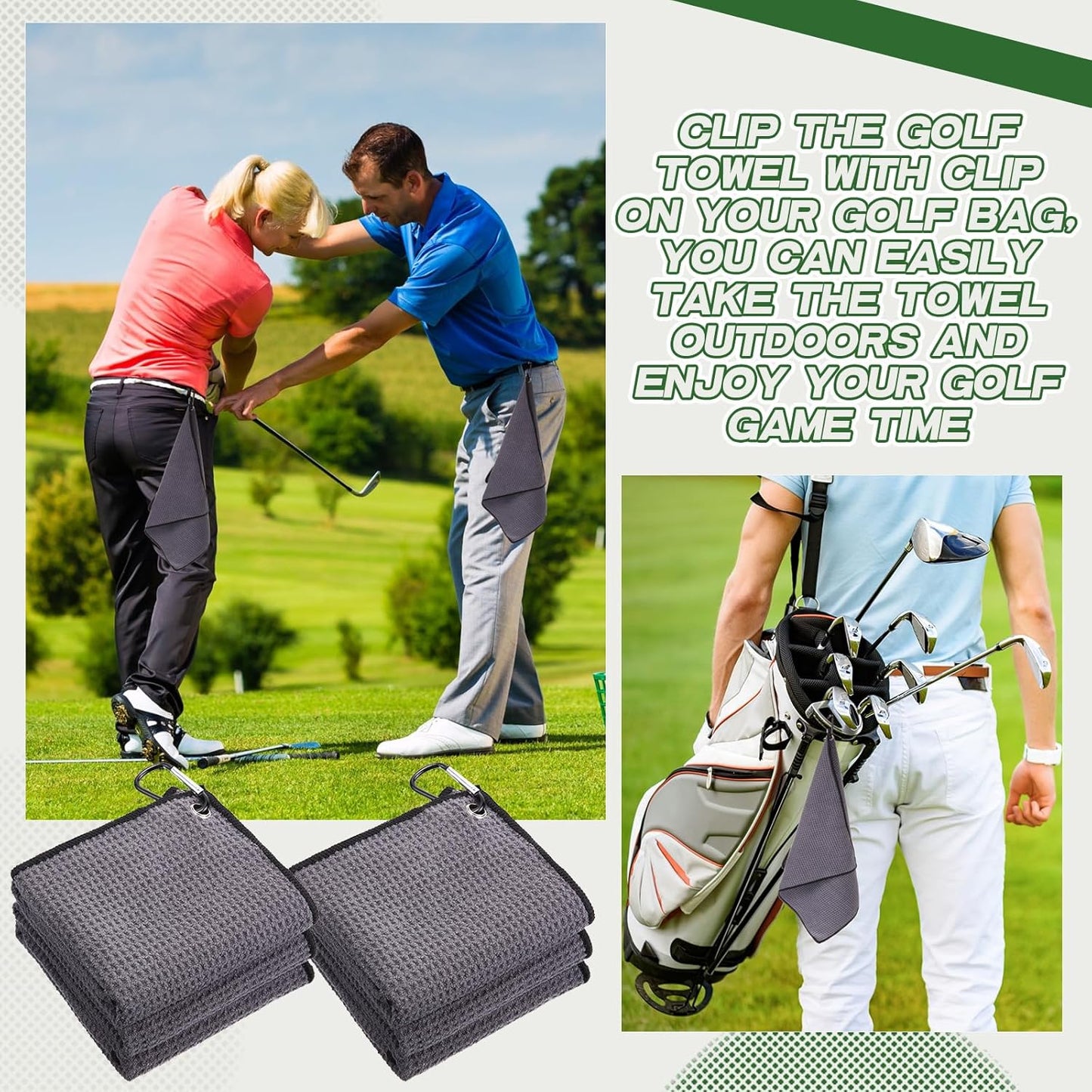 Batiyeer 12 Pcs Golf Towel Bulk for Golf Bags 16'' x 16'' Microfiber Fabric Towel with Clip Waffle Pattern, Fitness, Camping, Hiking, Yoga