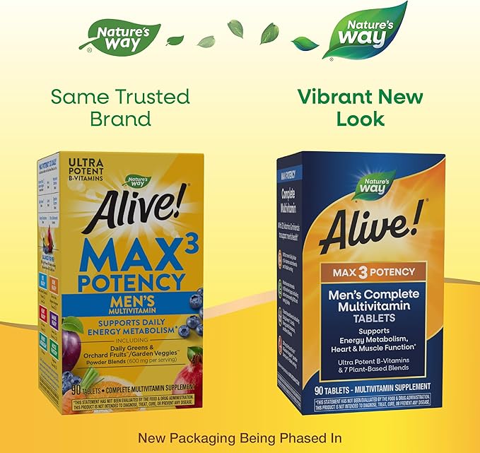 Nature’s Way Alive! Men’s Max3 Potency Multivitamin, Supports Energy Metabolism*, Heart & Muscle Function*, with Methylated B12 and Folate, Gluten-Free, 90 Tablets