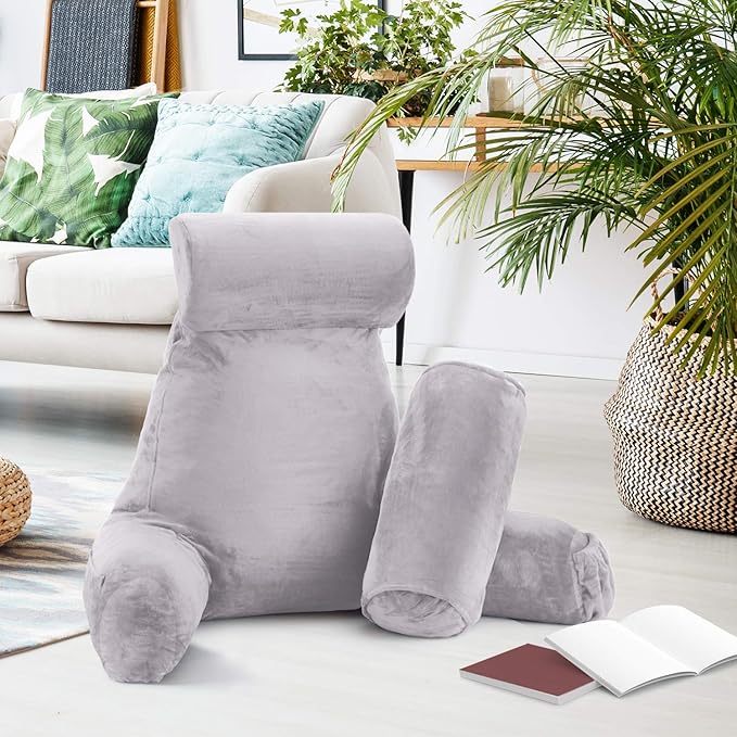Nestl Reading Pillow Large Bed Pillow, Back Pillow for Sitting in Bed Shredded Memory Foam Chair Pillow, Reading & Bed Rest Pillows Grey Lavender Back Pillow for Bed, Bed Chair Arm Pillow with Pockets