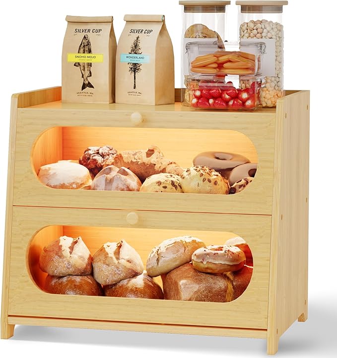 Double Layer Bamboo Bread Box for Kitchen Countertop, Large Capacity with Window Breadbox, Farmhouse Bread Storage Container, Fits Corner, Cabinet, Pantry