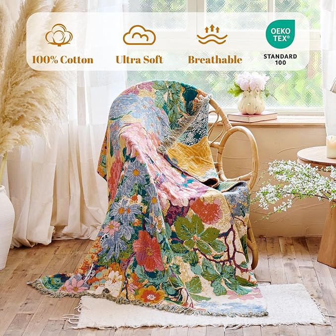 MSGKV Boho Throw Blanket for Couch 50"x60" Cotton Floral Blankets for Sofa Chair All Seasons Lightweight Muslin Breathable Farmhouse Home Decor