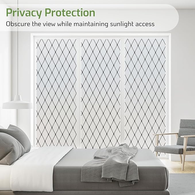 LUTE Frosted Window Privacy Film, Static Cling UV Sun Blocking Heat Control Window Cover, Removable Non-Adhesive Glass Sticker Vinyl Decorative Bathroom Frosting Decals, Black Lattice, 17.5" x 157.4"