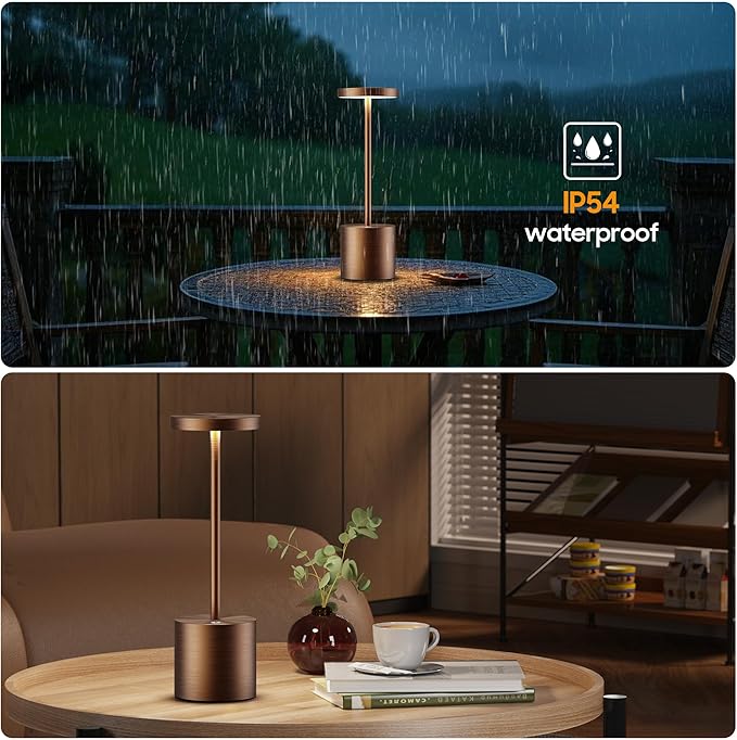 Cordless Table Lamps Rechargeable - Outdoor Waterproof LED Table Light Portable 5000mAh Battery Operated Lamp 3 Color Stepless Dimming with Memory Function for Restaurant Dining Patio (Moka)