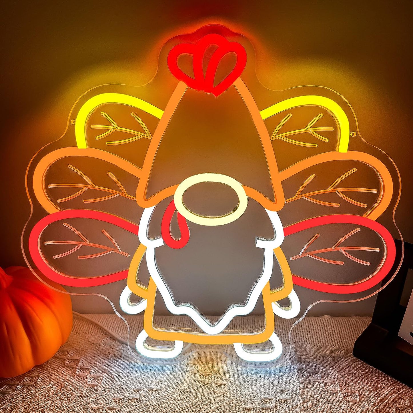 Yvuyamg Thanksgiving Gnomes Neon Sign Dimmable Turkey Fall Gnome Neon Light Sign Led Thanksgiving Gnomes Decoration For Home Turkey Gnomes With Maple Leaves Wings For Window  Indoor  Bedroom