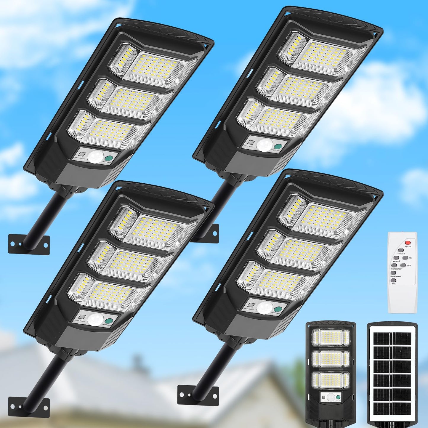 PLMMY Solar Street Light Outdoor, 6500K LED Flood Light with Motion Sensor, Remote Control, Black, 4 Pack, Model LD-009-2