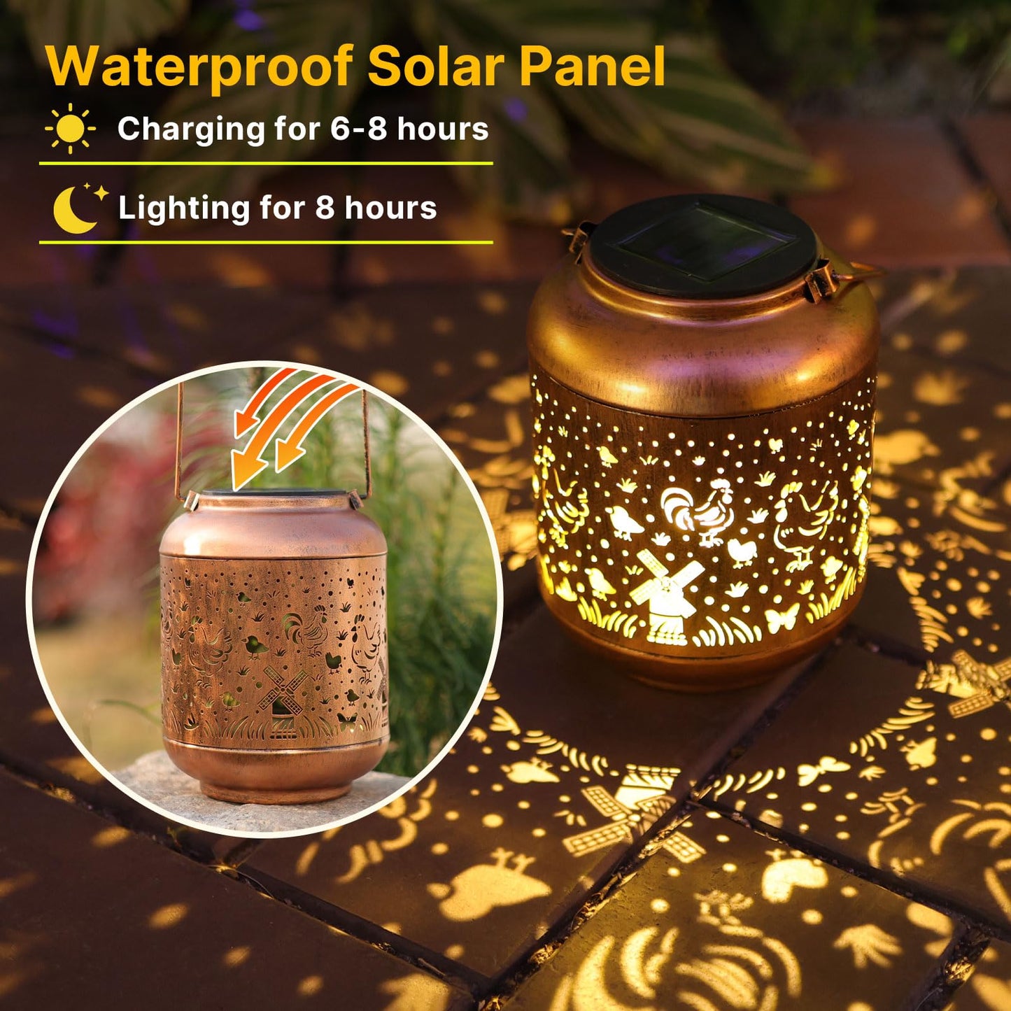 Gr8Gardens Metal Solar Lantern - Waterproof Outdoor Hanging Light, Red Copper, LED Decor for Garden, Patio, Yard, Porch, Model B-G-PD-25017-ji