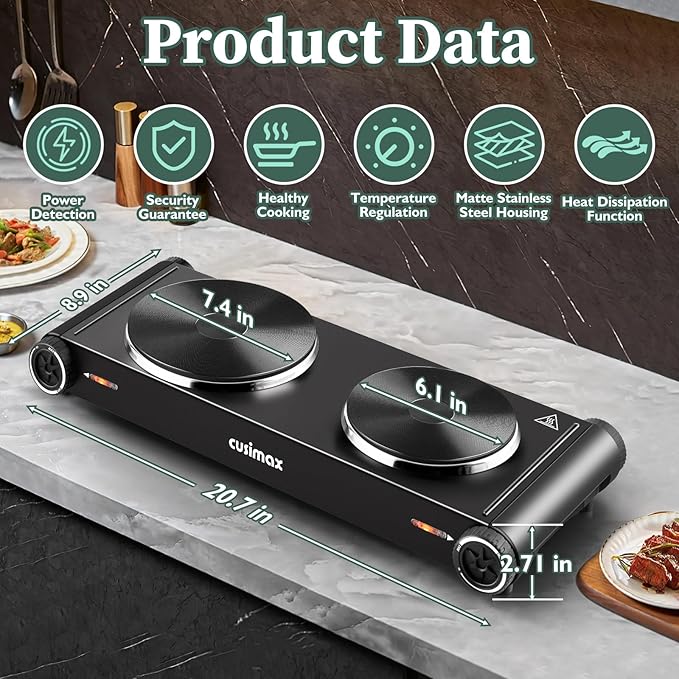 Cusimax Hot Plate,1800W Electric Stove Countertop Double Cast Iron Burner with Adjustable Temperature,7.4”+6.1” Portable Hot Plates for Cooking,Compatible for All Cookwares