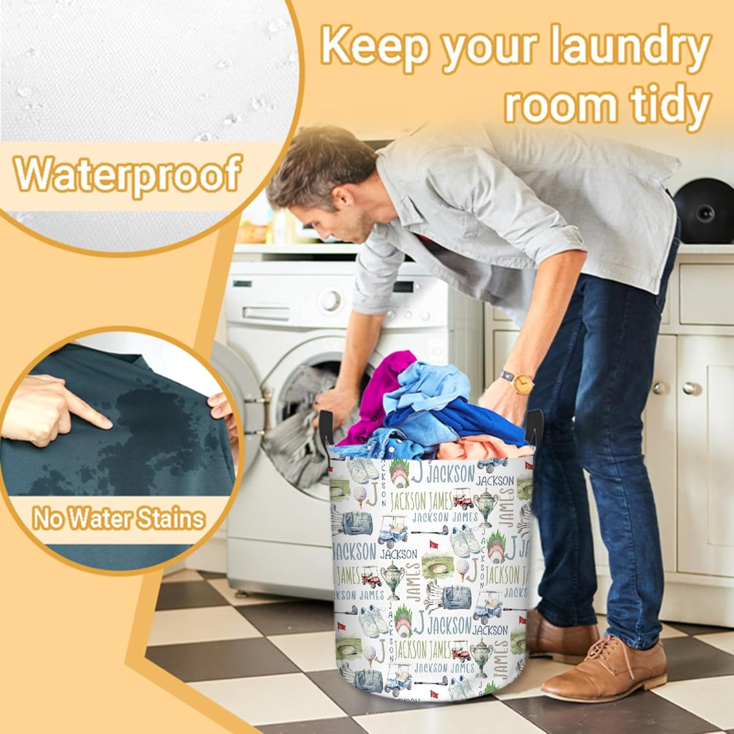 Personalized Golf Laundry Basket, Custom Sports Laundry Hamper With Name Gifts For Kids Baby Adults, Collapsible Dirty Clothes Storage Organizer With Handles M 19.6 X 15.7in