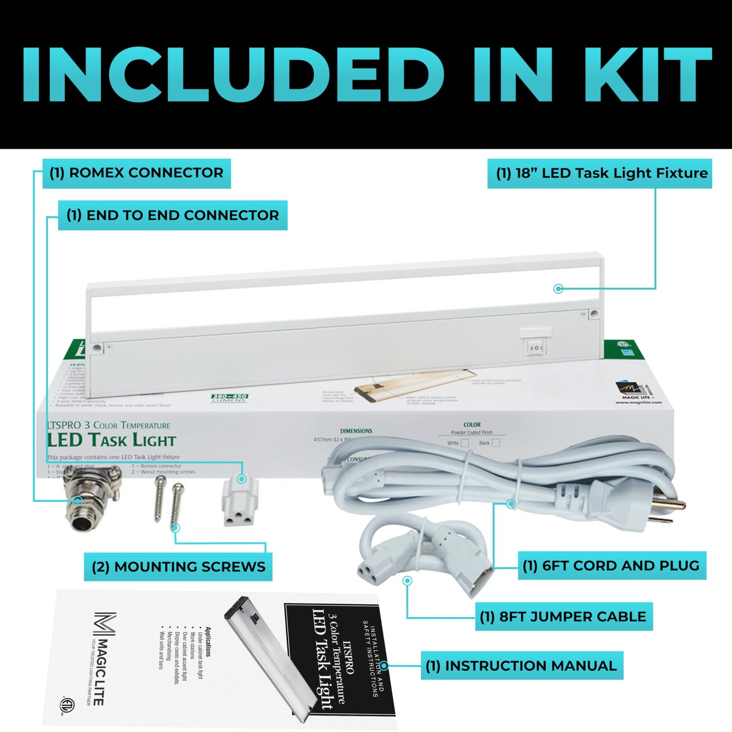 Led Under Cabinet Lighting Hardwired - Linkable Undercabinet Lights For Kitchen - 3Cct 18 Inch White Finish - Undercounter Dimmable Plug In Light Or Hard Wired - Under Counter Fixture Direct Wire