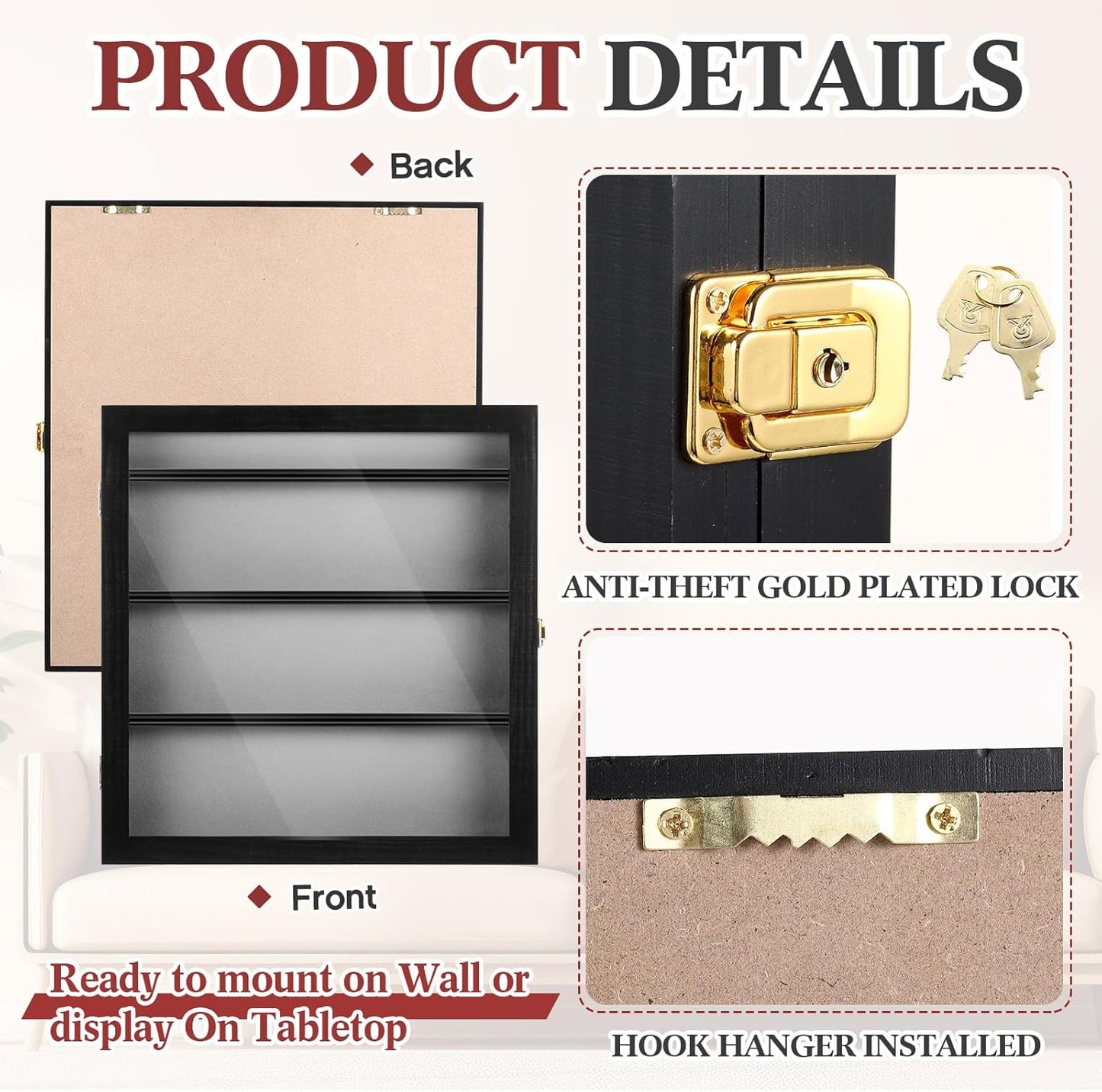 Golf Bag Tag Collection Display Case Holds 40 Bag Tags 16.54 x 15.35 x 1.77 Inch Wall Mount Wooden Shadow Box W/98% UV Acrylic Door Lockable Storage Display Box for Collection
