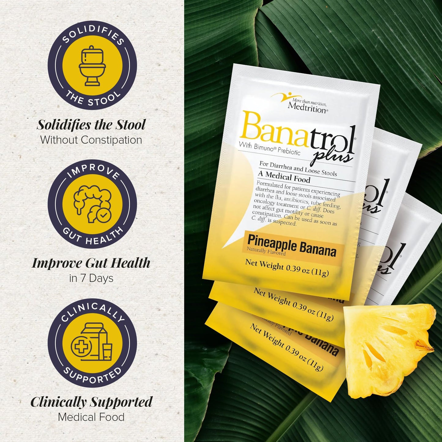 Medtrition Banatrol® Natural Anti-Diarrheal with Prebiotics, Relief from Chronic Diarrhea, IBS, Recurring Diarrhea, Clinically Supported Medical Food, Non-Constipating, 25 Servings (Pineapple)