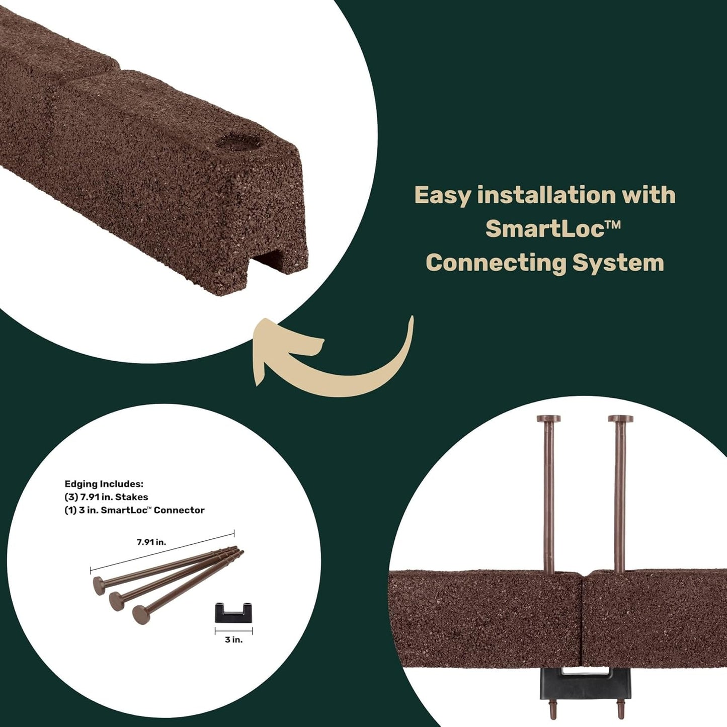 Rubberific 4' Rubber Cobblestone Flexible No Dig Landscape Mulch Border Edging with Anchoring Spikes for Lawns, Gardens, and Flower Beds (6, Brown)