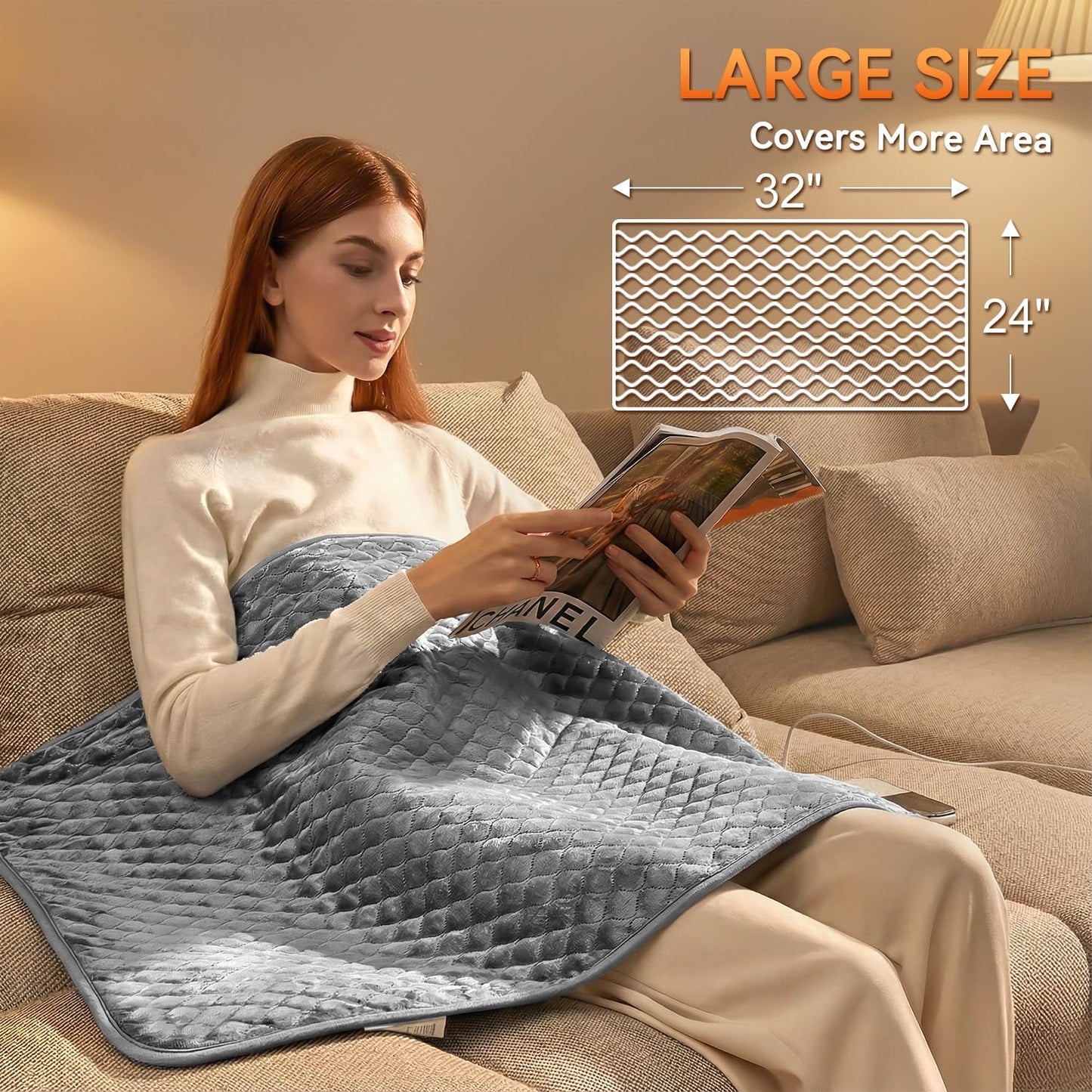 King Size Heating Pad for Back Pain 32"x24" Extra Large Electric Heating Pad for Period Cramps Relief & Body Neck Shoulder Auto Shut Off Heat Pad Temperature Settings Machine Washable Gray