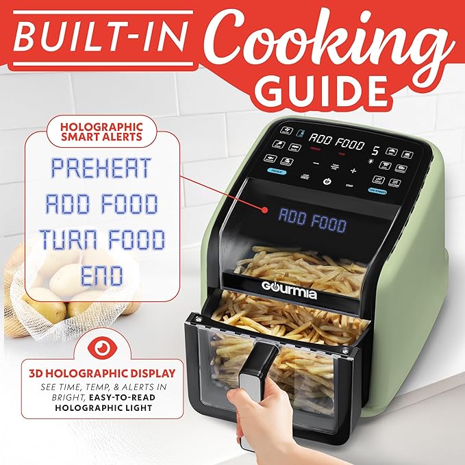Gourmia Air Fryer 7 QT - Easy View Panoramic Window & Interior Light, Guided Cooking with 12 One-Touch Presets, FryForce 360, Dishwasher Safe Accessories, Green