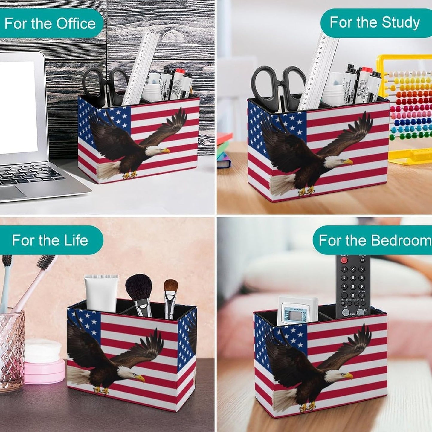 American Flag Eagles Lether Pen Holder for Desk Makeup Brush Holder Office Organizer Desk Accessory for School Office