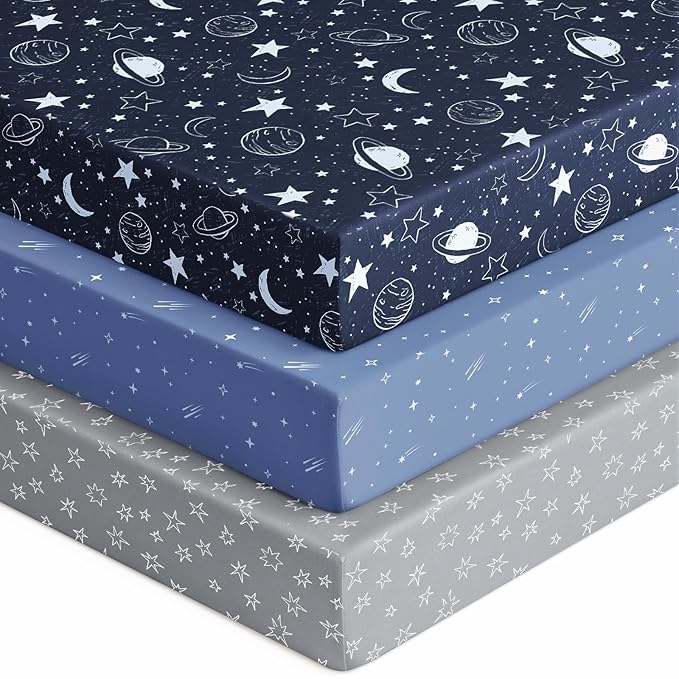 Baby Crib Sheets for Boys Girls, 28x52x8in Fitted Crib Sheet Neutral 3 Pack for Standard Crib and Toddler Mattress, Breathable Soft Microfiber Baby Sheet Blue Gray Planet