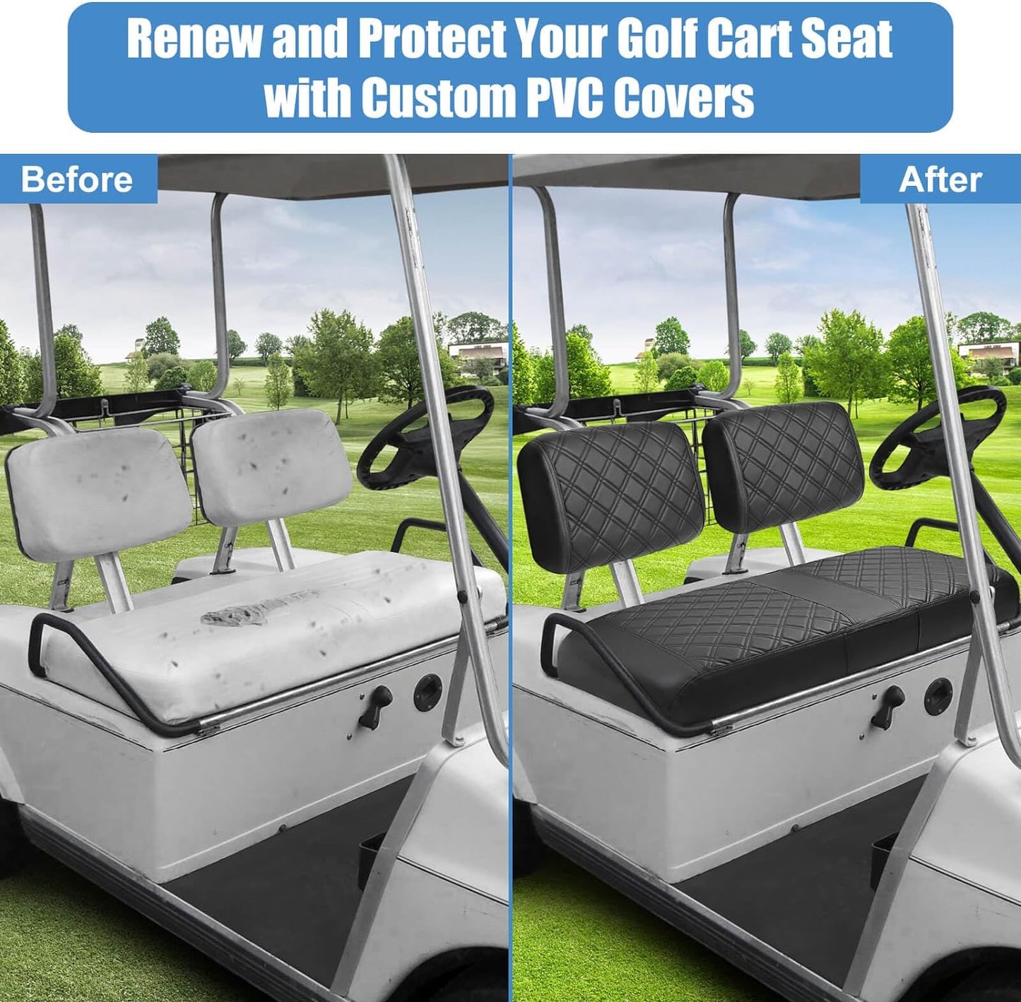 Club Car DS Pre-2000 Seat Cover, Golf Cart Front Seat Cover Fit For Club Car DS 1982-2000 OEM Ordinary Seat Cushion, Concave and Convex Design Appearance, Thick Vinyl Leather Comfortable/Breathable