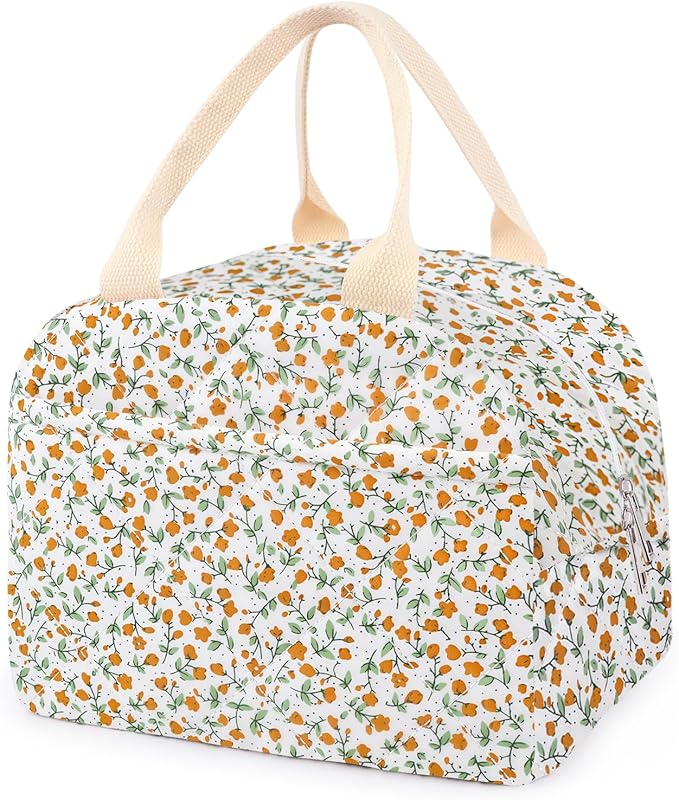 Cotton Quilted Insulated Lunch Bag, Cute Quilted Floral Lunch Tote Bags Reusable Insulated Lunch Box Coquette Aesthetic Large Capacity Insulated Cooler for Women Work Travel Picnic (Orange Flower)
