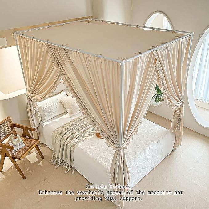 AIKASY Princess Canopy Bed Curtains with Top Ties - Windproof & Lightproof for Girls' Adult Bedroom Decor | Bed Canopy Drapes (Full,Khaki)