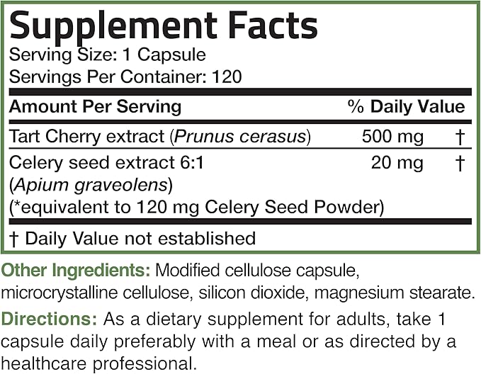 Bronson Tart Cherry Extract + Celery Seed Capsules - Powerful Uric Acid Cleanse, Joint Mobility Support & Muscle Recovery Supplement - Non GMO Formula, 120 Vegetarian Capsules