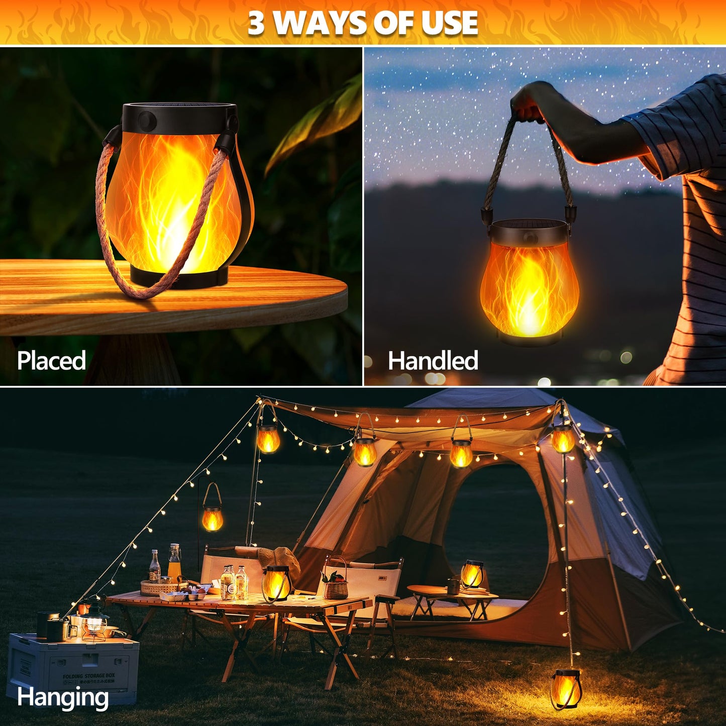 Ibaycon 1 Pack Solar Lanterns Lights  Halloween Flickering Flame Garden Lights With 2 Modes Dual Charging Usb & Solar  Outdoor Waterproof Hanging Lantern For Party Holiday Halloween Decor (Warm White)
