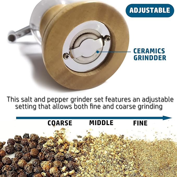 Salt and Pepper Grinder Set Manual Pepper Grinder Set Classical Hand Shake Acrylic Wooden Pepper Mill Ceramic Blades Upgrade Metal Handle, Enjoy Best Fresh Ground Pepper Salt spices (1pcs-5in)