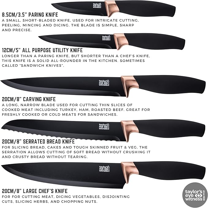 5pc Brooklyn Fan Block Set - Taylors Eye Witness, Hard Ceramic Coated Blades, Paring, All-Purpose, Chef's, Serrated & Carving Knife. 2 Year Guarantee.