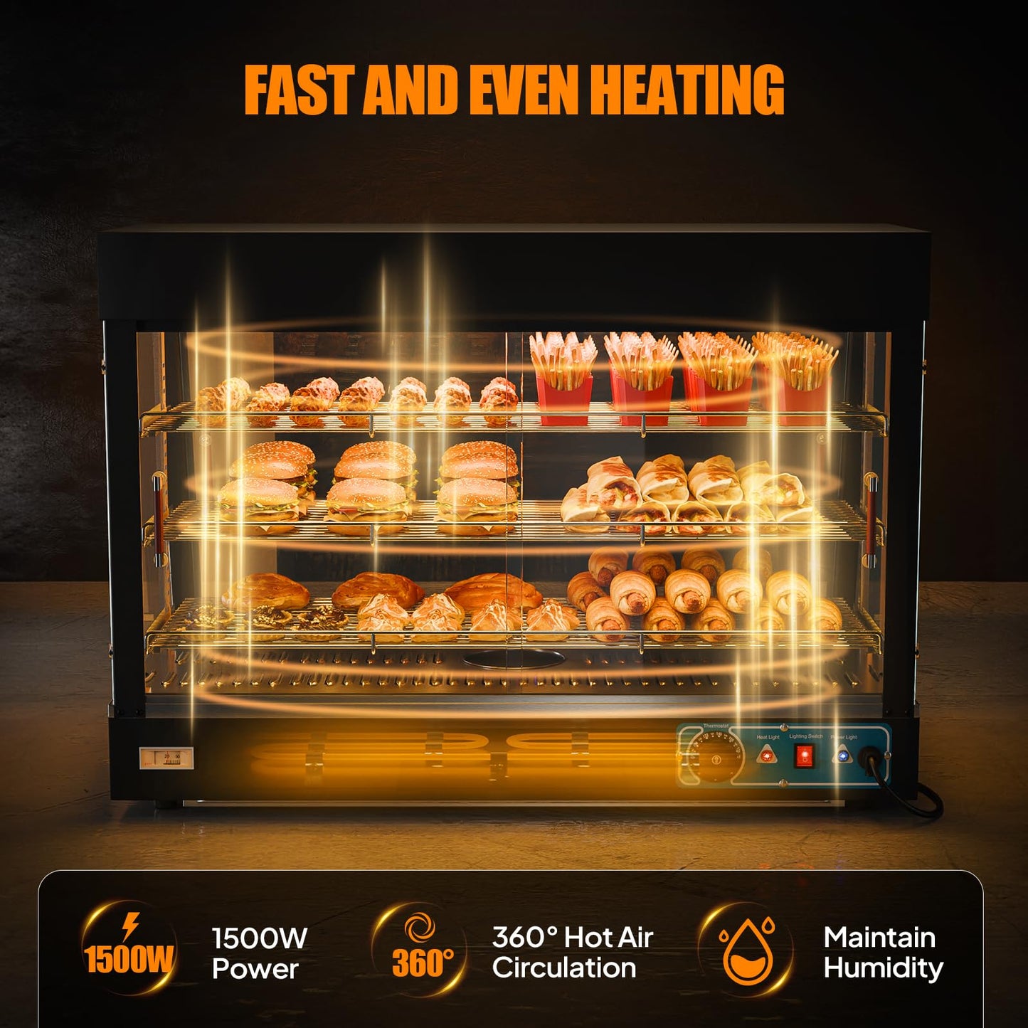 ROVSUN 35" Pizza Warmer Food Warmer Display, 3-Tier Electric Food Warmer Commercial Countertop w/LED Lighting Adjustable Removable Shelves Glass Door, Pretzel Warmer for Buffet Restaurant 1500W