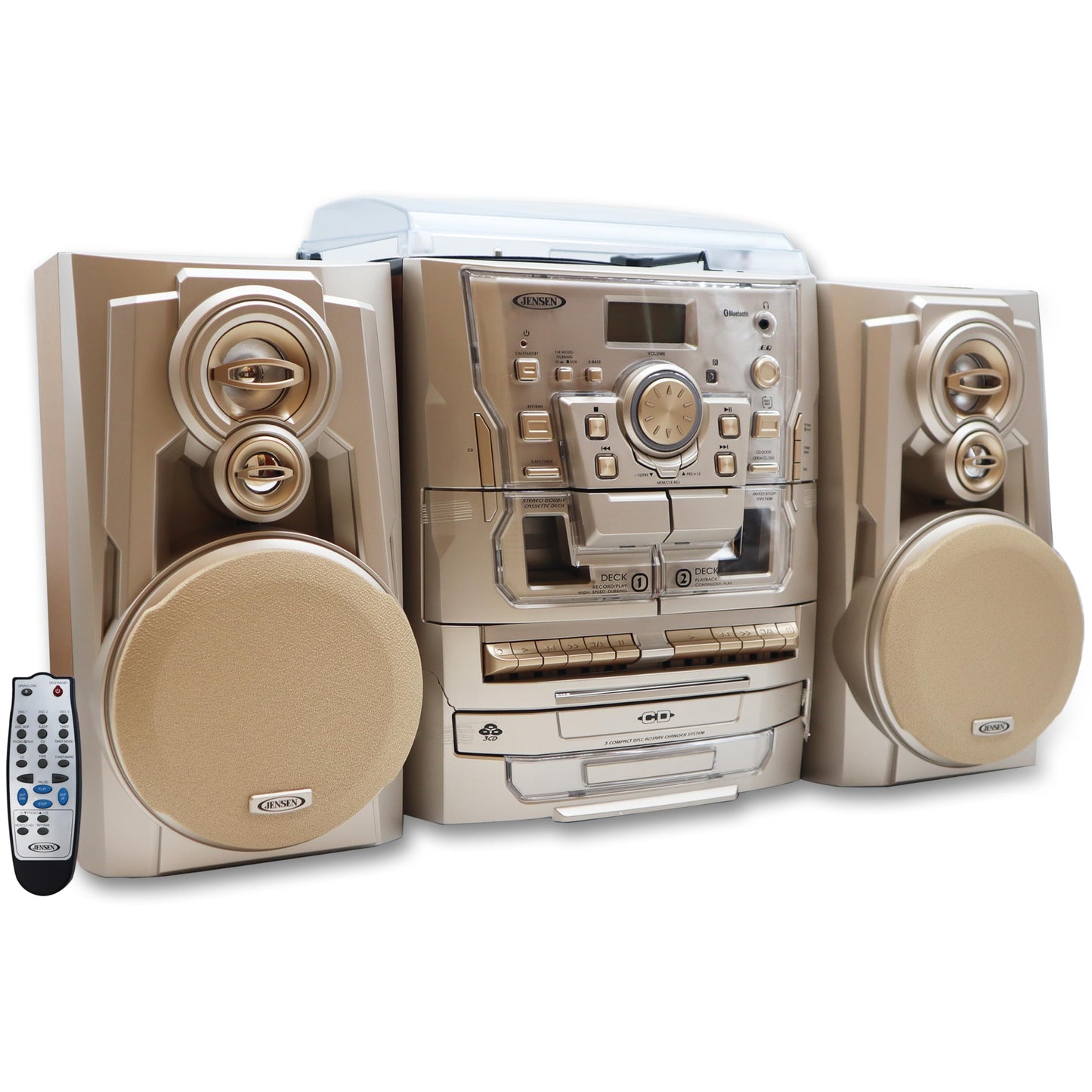 Jensen Bluetooth 3-Speed Turntable CD Player Home Stereo System with AM/FM Radio, Dual Cassette Deck, Gold
