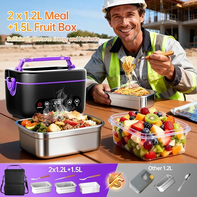 Cordless Electric Heated Lunch Box, 2x1.2L Portable Food Warmer Upgared 5D Surround Heat Tech 6x4000mAh Battery Powered with Dual Insulated Bag, 100W Automatic Heating 220°F Max BPA Free for Men