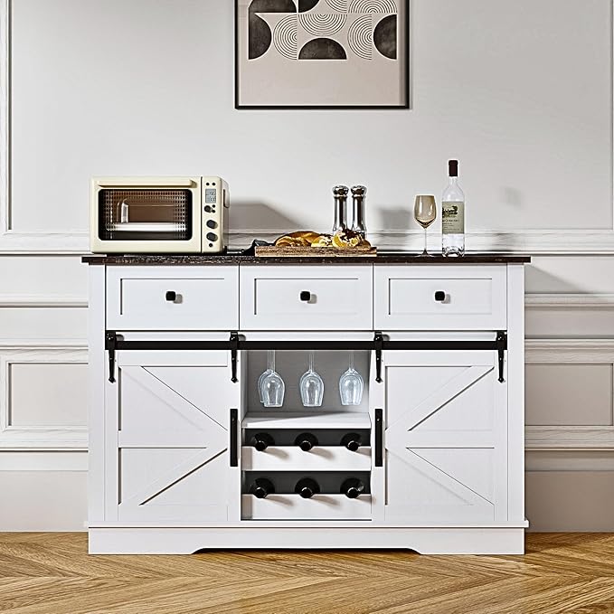 Farmhouse Bar Cabinet with Wine Rack 54" Coffee Buffet Cabinet with Sliding Barn Doors, Adjustable Shelves Rustic Kitchen Cabinets with 3 Drawers for Dining Room, Black with White